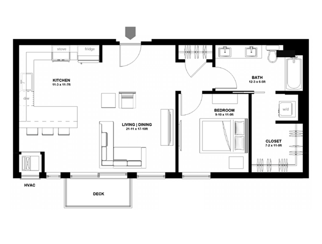 Floor plan for 1 bed, 1 bath, 785 sqft