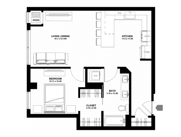 Floor plan for 1 bed, 1 bath, 769 sqft
