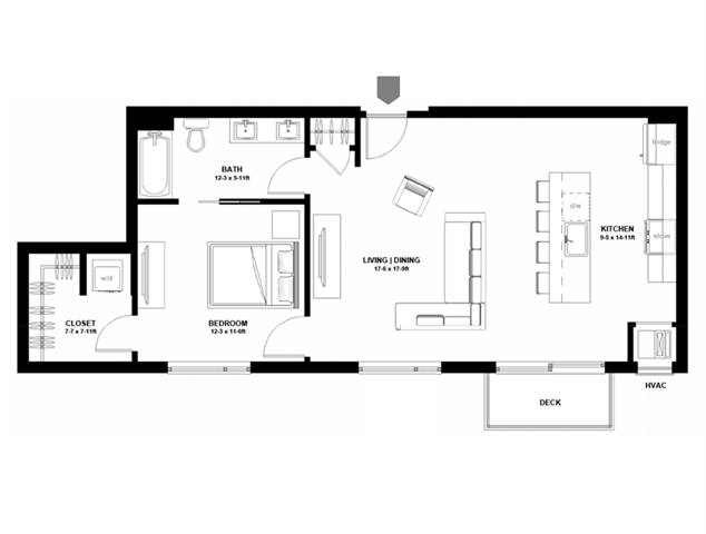 Floor plan for 1 bed, 1 bath, 863 sqft