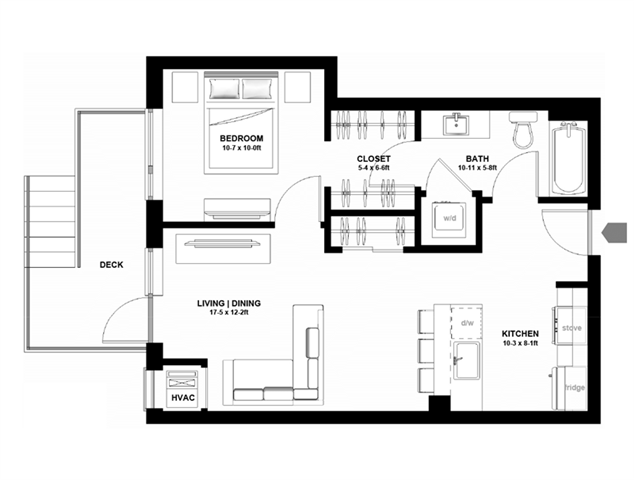Floor plan for 1 bed, 1 bath, 644 sqft
