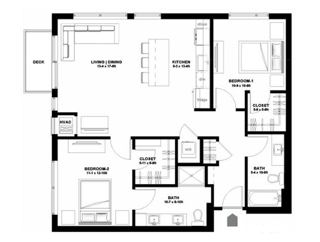 Floor plan for 2 beds, 2 baths, 1109 sqft