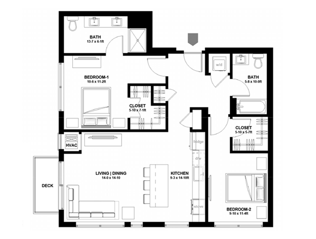 Floor plan for 2 beds, 2 baths, 1119 sqft