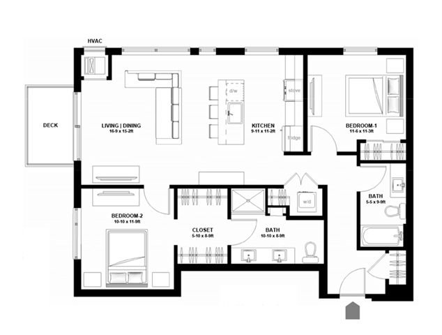Floor plan for 2 beds, 2 baths, 1089 sqft