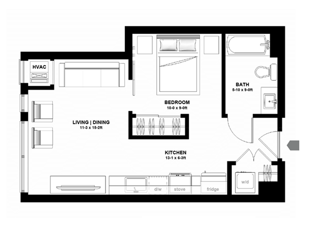 Floor plan for studio, 1 bath, 523 sqft
