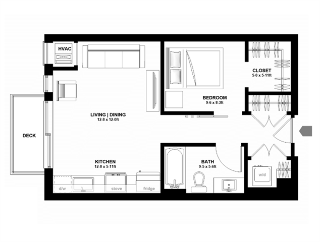 Floor plan for studio, 1 bath, 555 sqft