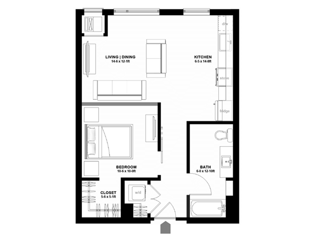 Floor plan for studio, 1 bath, 647 sqft
