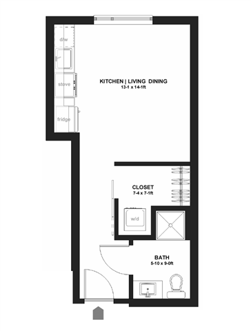 Floor plan for studio, 1 bath, 387 sqft