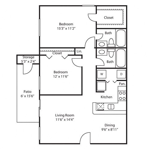 Floor plan for 2 beds, 2 baths, 925 sqft