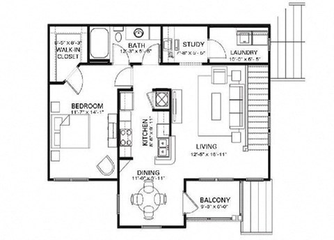 Floor plan for 1 bed, 1 bath, 1011 sqft