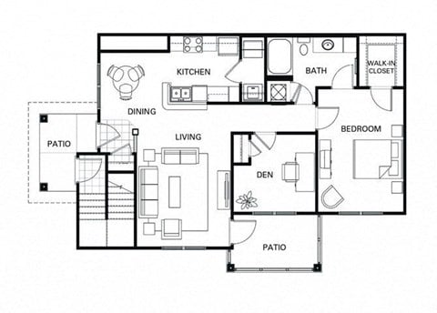 Floor plan for 1 bed, 1 bath, 1069 sqft