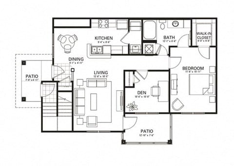 Floor plan for 1 bed, 1 bath, 1003 sqft