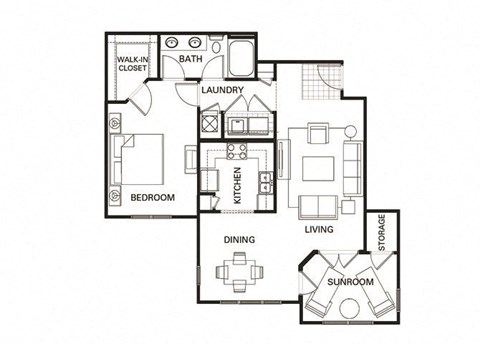 Floor plan for 1 bed, 1 bath, 1009 sqft