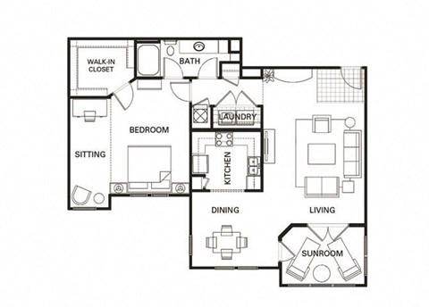 Floor plan for 1 bed, 1 bath, 1278 sqft