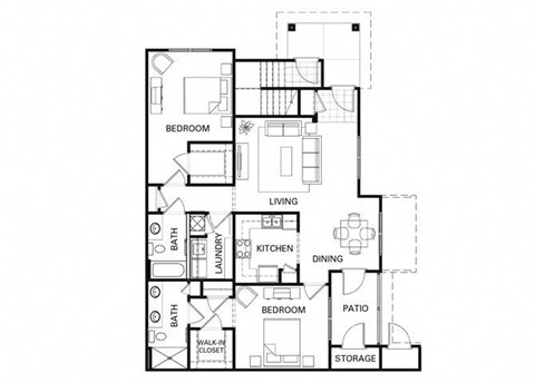 Floor plan for 2 beds, 2 baths, 1280 sqft