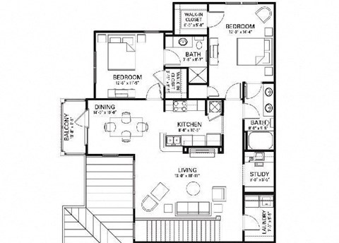 Floor plan for 2 beds, 2 baths, 1251 sqft