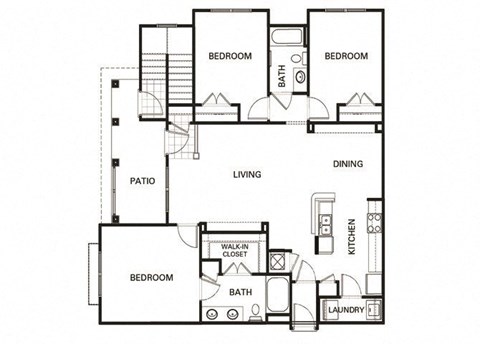 Floor plan for 3 beds, 2 baths, 1378 sqft