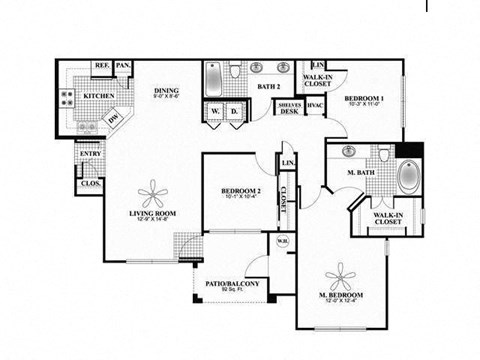 Floor plan for 3 beds, 2 baths, 1322 sqft