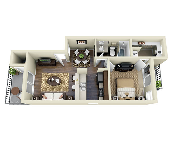 Floor plan for 1 bed, 1 bath, 658 sqft
