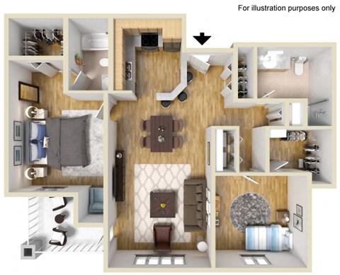 Floor plan for 2 beds, 2 baths, 1117 sqft
