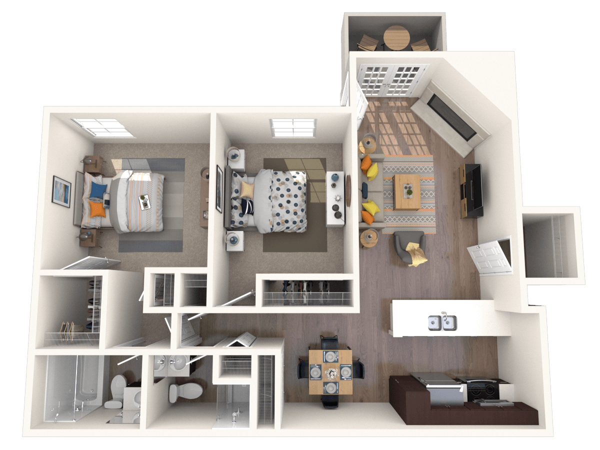 Floor plan for 2 beds, 2 baths, 960 sqft