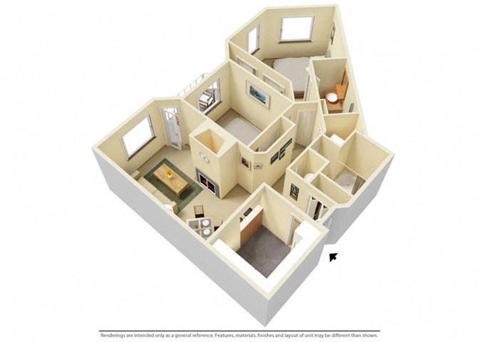 Floor plan for 2 beds, 2 baths, 1107 sqft