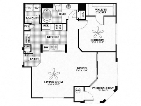 Floor plan for 1 bed, 1 bath, 851 sqft