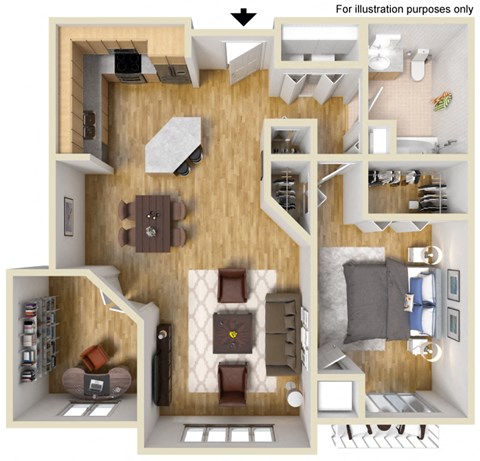 Floor plan for 1 bed, 1 bath, 894 sqft