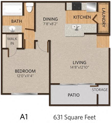 Floor plan for 1 bed, 1 bath, 631 sqft