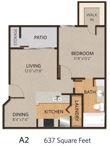 Floor plan for 1 bed, 1 bath, 637 sqft