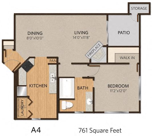 Floor plan for 1 bed, 1 bath, 761 sqft