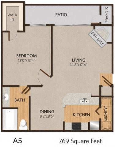 Floor plan for 1 bed, 1 bath, 769 sqft