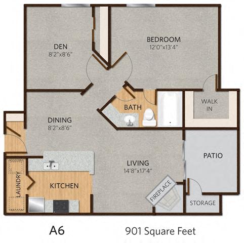 Floor plan for 2 beds, 1 bath, 901 sqft
