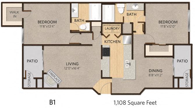 Floor plan for 2 beds, 2 baths, 1108 sqft