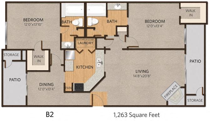 Floor plan for 2 beds, 2 baths, 1263 sqft