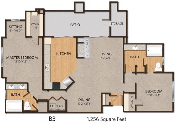Floor plan for 2 beds, 2 baths, 1256 sqft