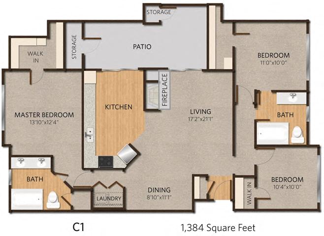 Floor plan for 3 beds, 2 baths, 1384 sqft