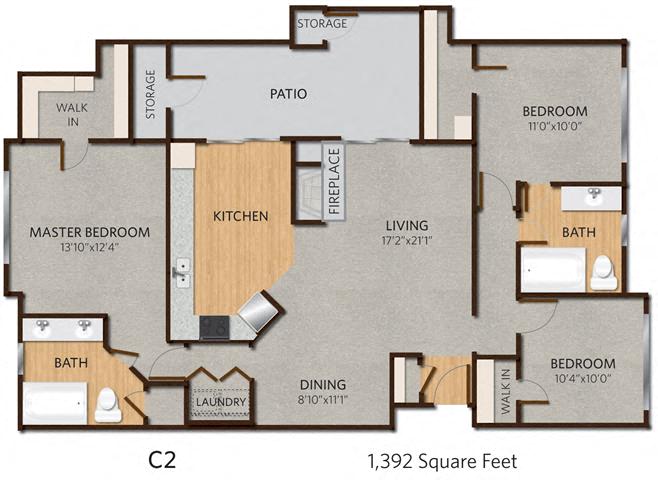 Floor plan for 3 beds, 2 baths, 1392 sqft