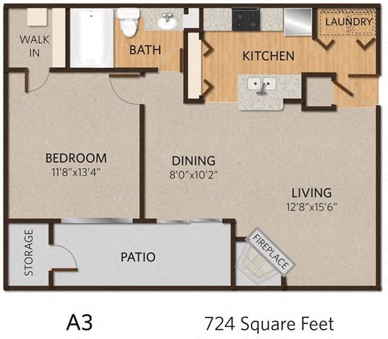 Floor plan for 1 bed, 1 bath, 724 sqft