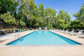Eden Prairie apartment for rent - A large swimming pool surrounded by trees and lounge chairs.