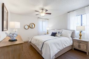 Scottsdale apartment for rent - Scottsdale, AZ Apartments for Rent - The Sycamore at Scottsdale - Bedroom with Hardwood-Style Flooring, Bed with White Bedding and a Cushion Bedframe, Nightstands with Lamps, Large Wooden Dresser, Ceiling Fan with a Light, and Two Windows with White Blinds and Curtains.