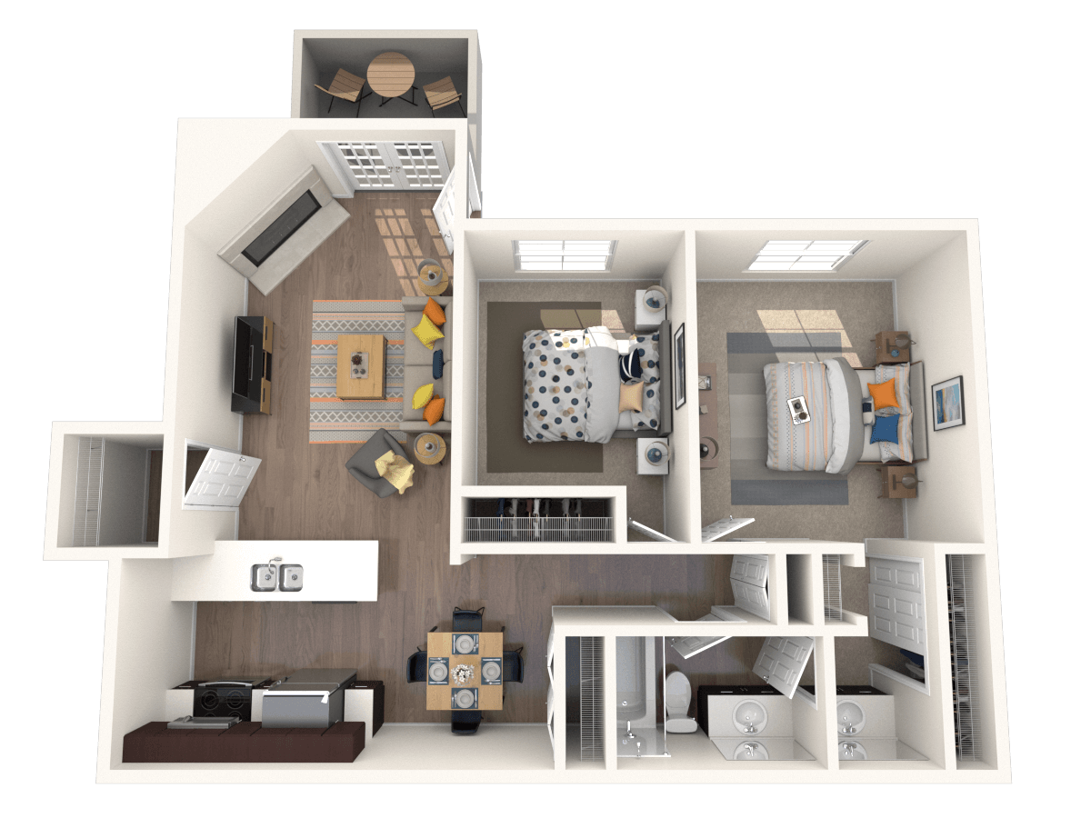 Floor plan for 2 beds, 1 bath, 940 sqft