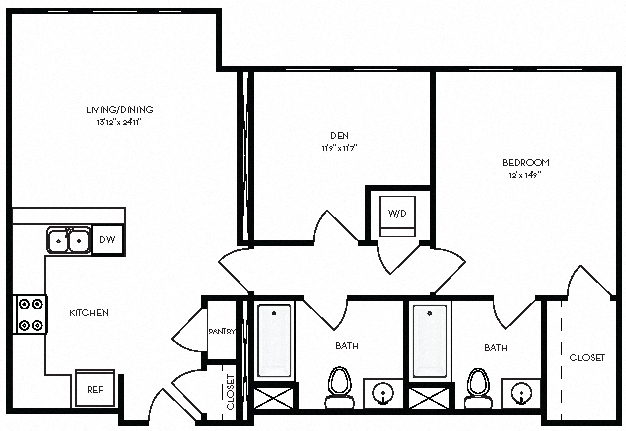 Floor plan for 1 bed, 2 baths, 956 sqft