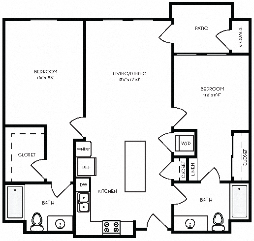 Floor plan for 2 beds, 2 baths, 1093 sqft