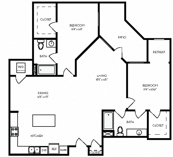 Floor plan for 2 beds, 2 baths, 1378 sqft