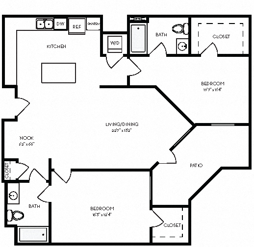 Floor plan for 2 beds, 2 baths, 1286 sqft
