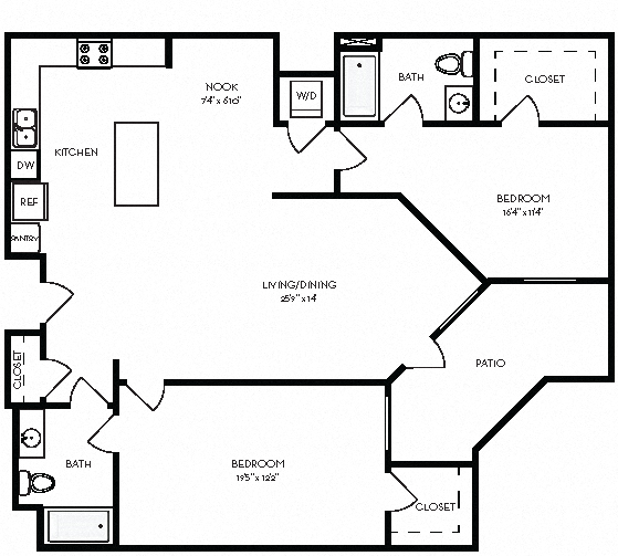 Floor plan for 2 beds, 2 baths, 1365 sqft
