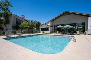 Phoenix apartment for rent - North Phoenix, AZ Luxury Apartments For Rent - Village At Lakewood - Outdoor Gated Pool Area With Lounge Seating, Umbrellas, And A View Of The Community Clubhouse.
