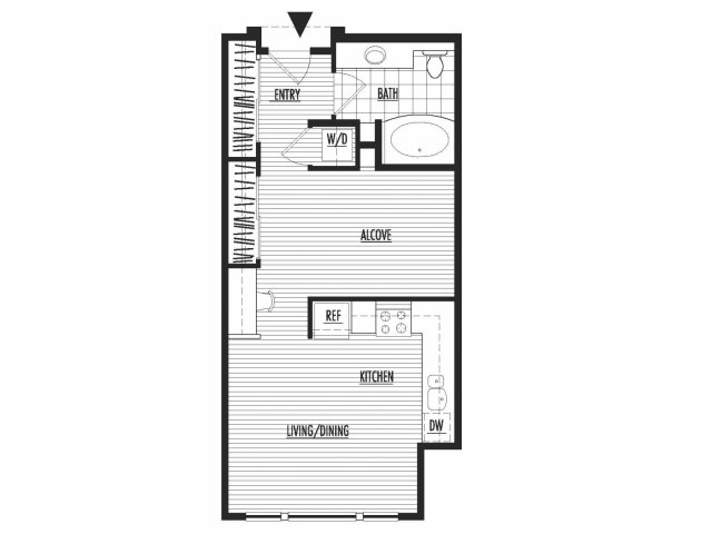Floor plan for studio, 1 bath, 606 sqft