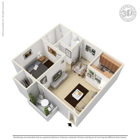 Floor plan for 1 bed, 1 bath, 720 sqft