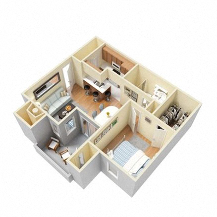 Floor plan for 1 bed, 1 bath, 736 sqft